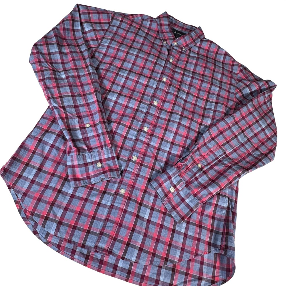 Bonobos Button Down Shirt Mens L Red Blue Purple Plaid Slim Fit Cotton LS